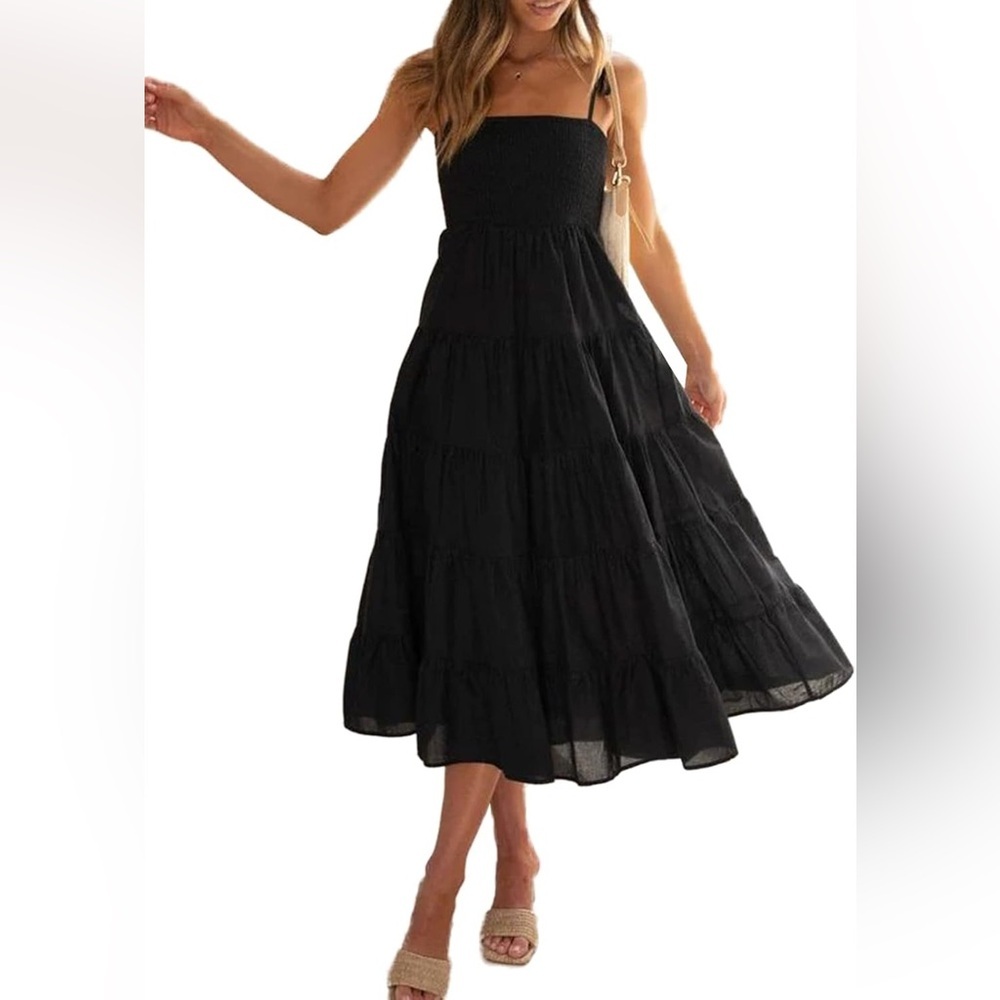 PINCH Chic Black Ruched Dress Tiered Smocked Tie Shoulder